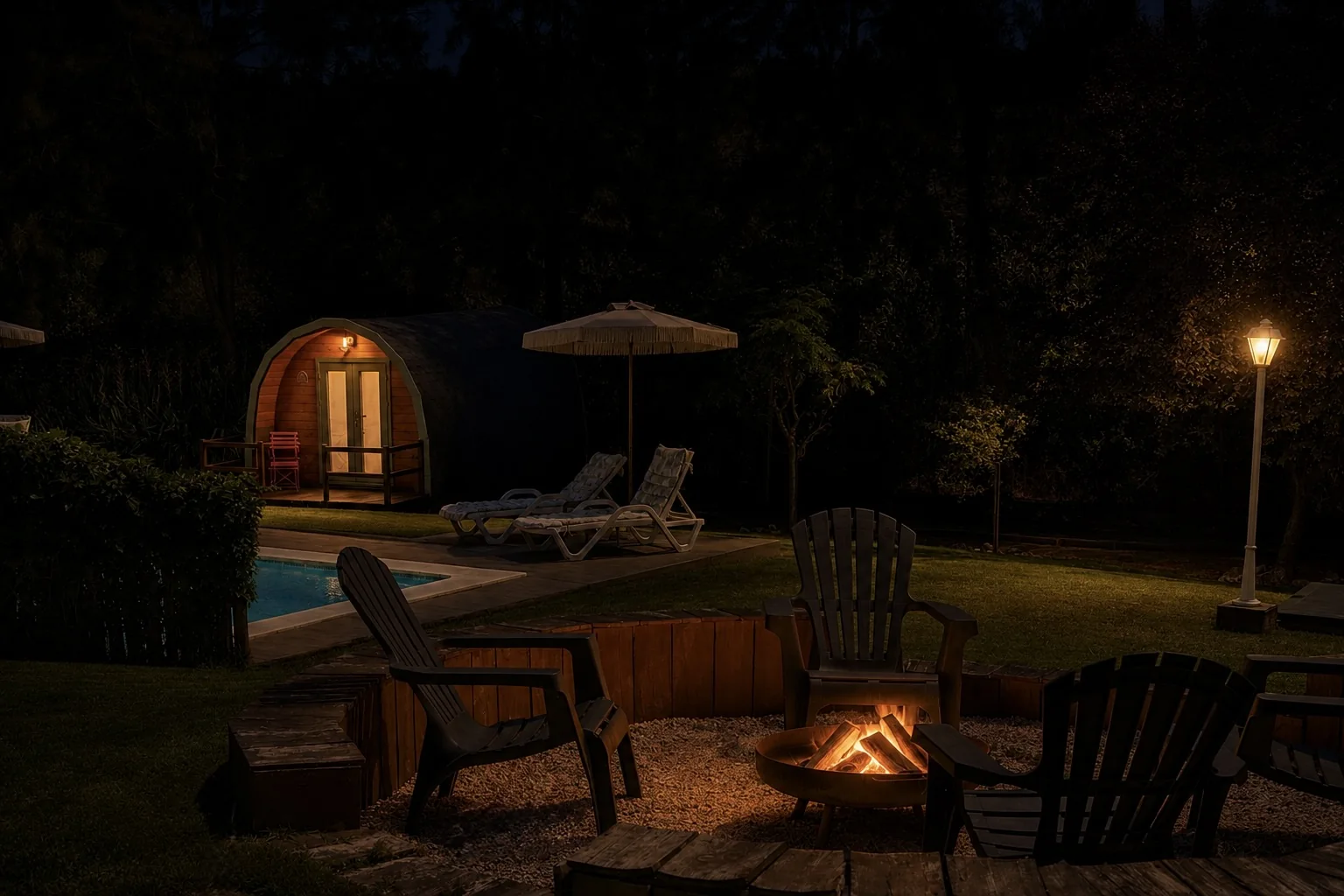 O mesmo bungalow e zona de fogueira iluminados à noite